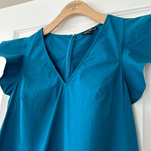 J Crew Mercantile Blue Day A-Line Cotton Dress w Flutter Sleeves & Ruffle Hem - Picture 4 of 12